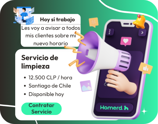 composición artística haciendo referencia a una publicación de servicios en santiago de chile con 12500 pesos chilenos la hora simulando las bondades de usar homerd app
