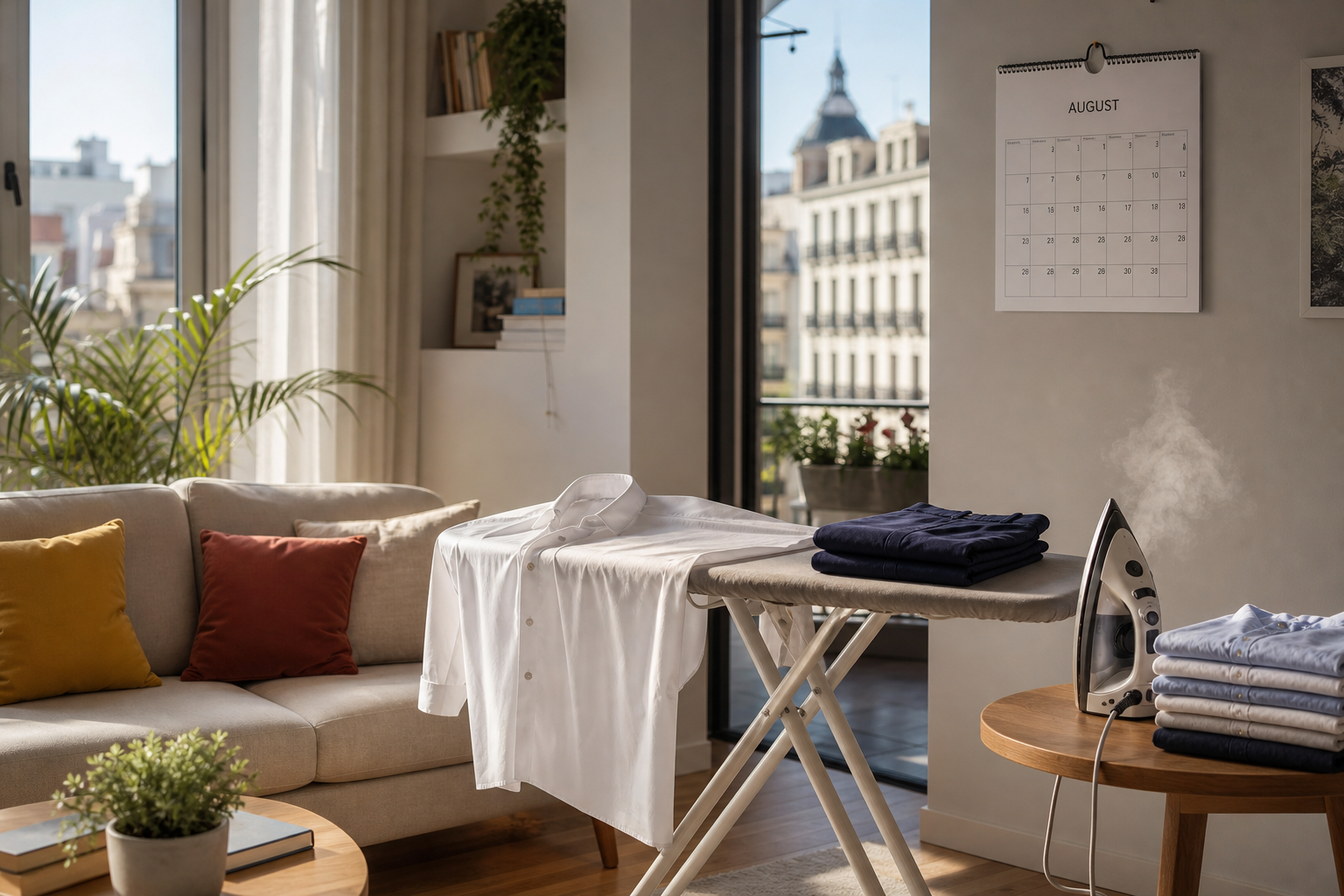 servicio de plancha en homerd app en una tabla de planchar con una camisa blanca