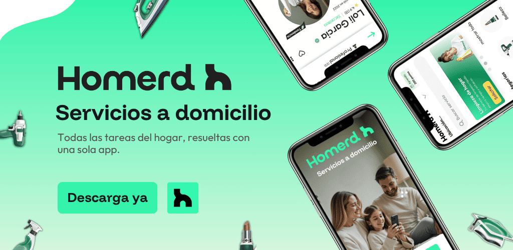 Imange collage de la app de Homerd donde se muestra el nombre de la marca Homerd, algunos servicios de limpieza, reparaciones, belleza y algunas screens de la app.