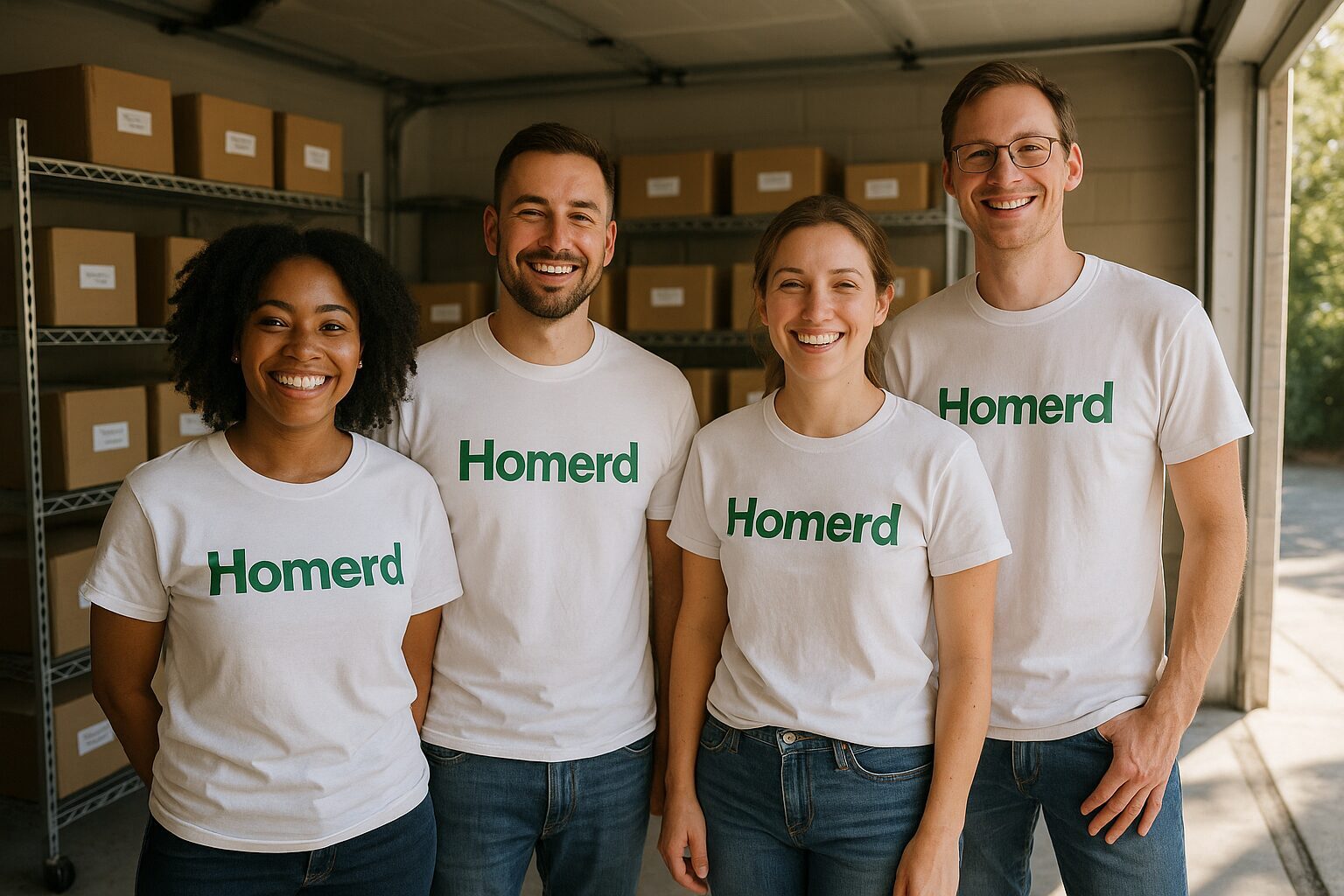 Una imagen realista muestra a un grupo de personas sonrientes en un garaje luminoso y ordenado. Están vestidas con camisetas blancas que llevan impresa la palabra 'Homerd' en verde al centro. El fondo presenta estanterías limpias y organizadas con cajas etiquetadas, mientras que el sol entra por una ventana, iluminando el espacio de manera inspiradora.