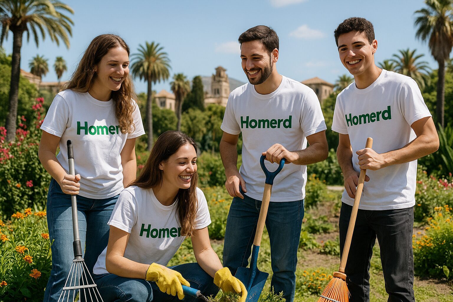 Una imagen vibrante que captura a un grupo de personas sonrientes vistiendo camisetas blancas con la palabra 'Homerd' en verde centrada. Están trabajando juntos en un jardín soleado, rodeados de plantas coloridas y con herramientas de limpieza en mano, mientras disfrutan del hermoso día de verano en Málaga.