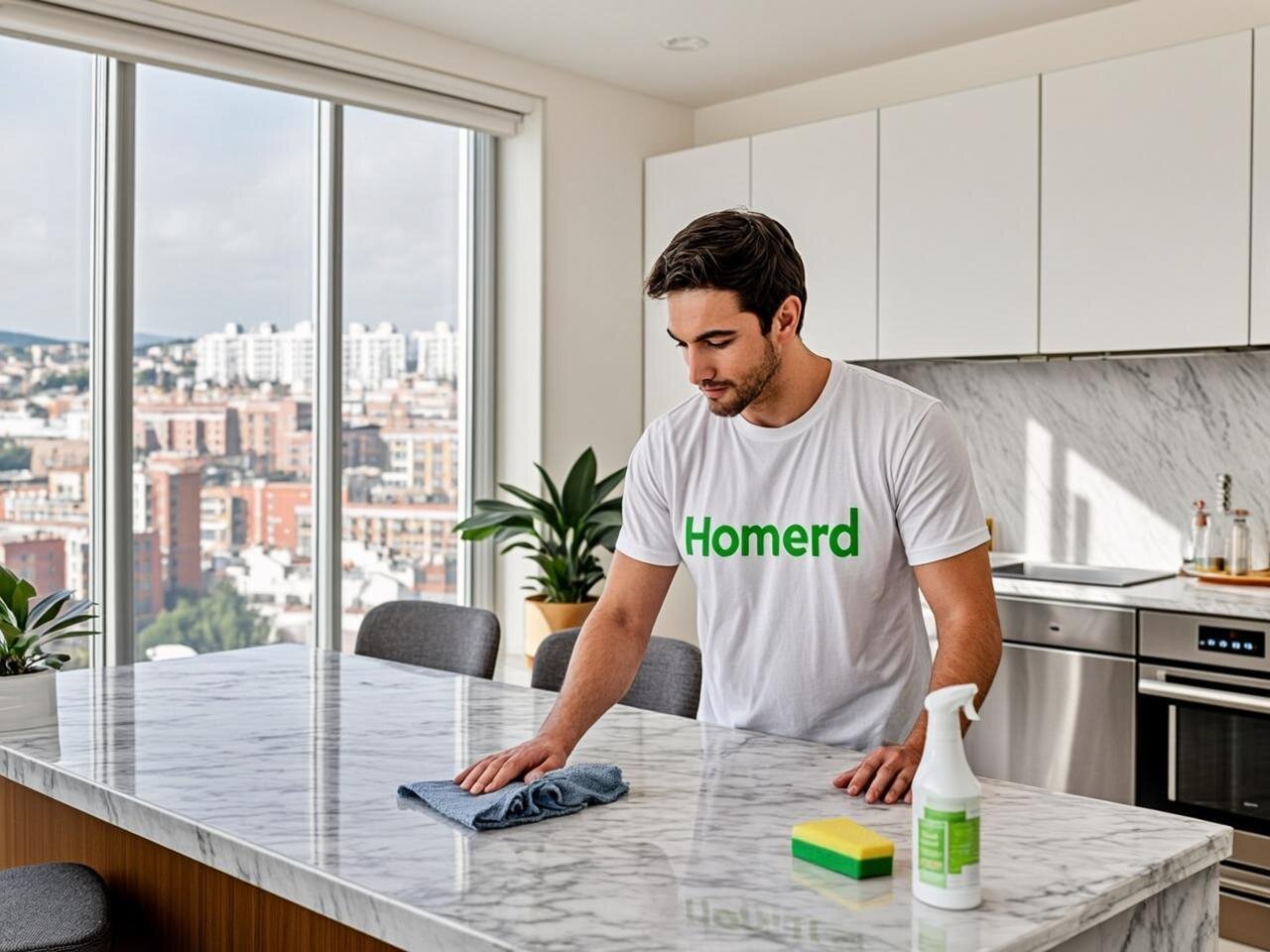 Ultra realistic professional home cleaning scene in Spain. Modern bright apartment in Bilbao with large windows showing city views. Professional cleaner wearing white t-shirt with Homerd green branded logo, methodically cleaning kitchen surfaces with eco-friendly products. Natural lighting streaming through windows, creating warm atmosphere. Spotless marble countertops, stainless steel appliances, and contemporary Basque design elements. Premium lifestyle photography style. No text. No watermark. 16:9 aspect ratio.
