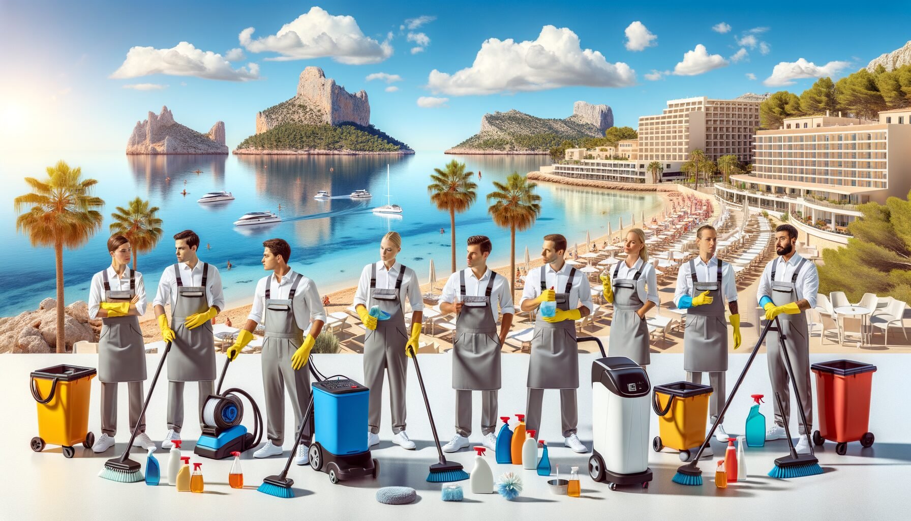 Una imagen realista que muestra a un equipo profesional de limpieza trabajando en un hotel frente al mar en Mallorca. Se observan máquinas modernas, productos ecológicos y personal uniformado colaborando mientras al fondo se aprecia un paisaje mediterráneo con palmeras y un cielo despejado.