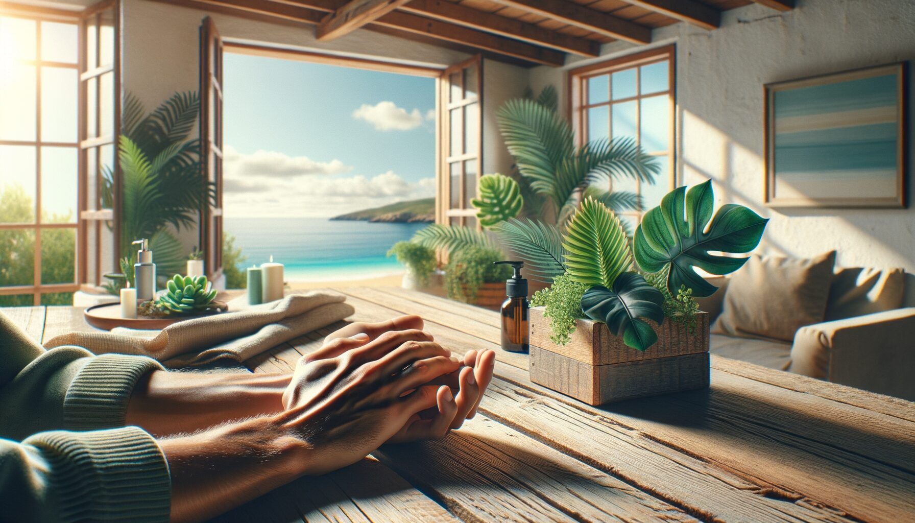Una imagen cinematográfica muestra unas manos cuidadas elegantemente descansando sobre una mesa rústica de madera en un salón luminoso frente al mar Mediterráneo. La luz natural entra suavemente por grandes ventanales mientras plantas verdes decoran el espacio, transmitiendo una atmósfera fresca, natural y eco-friendly.