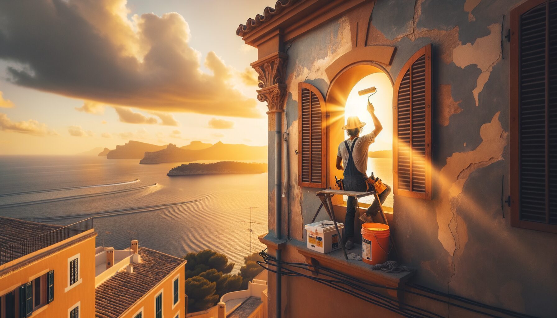 Una imagen cinematográfica al atardecer mostrando a un técnico realizando reparaciones en una antigua fachada mallorquina con vistas al mar Mediterráneo, resaltando el contraste entre tradición e innovación bajo una luz dorada cálida.