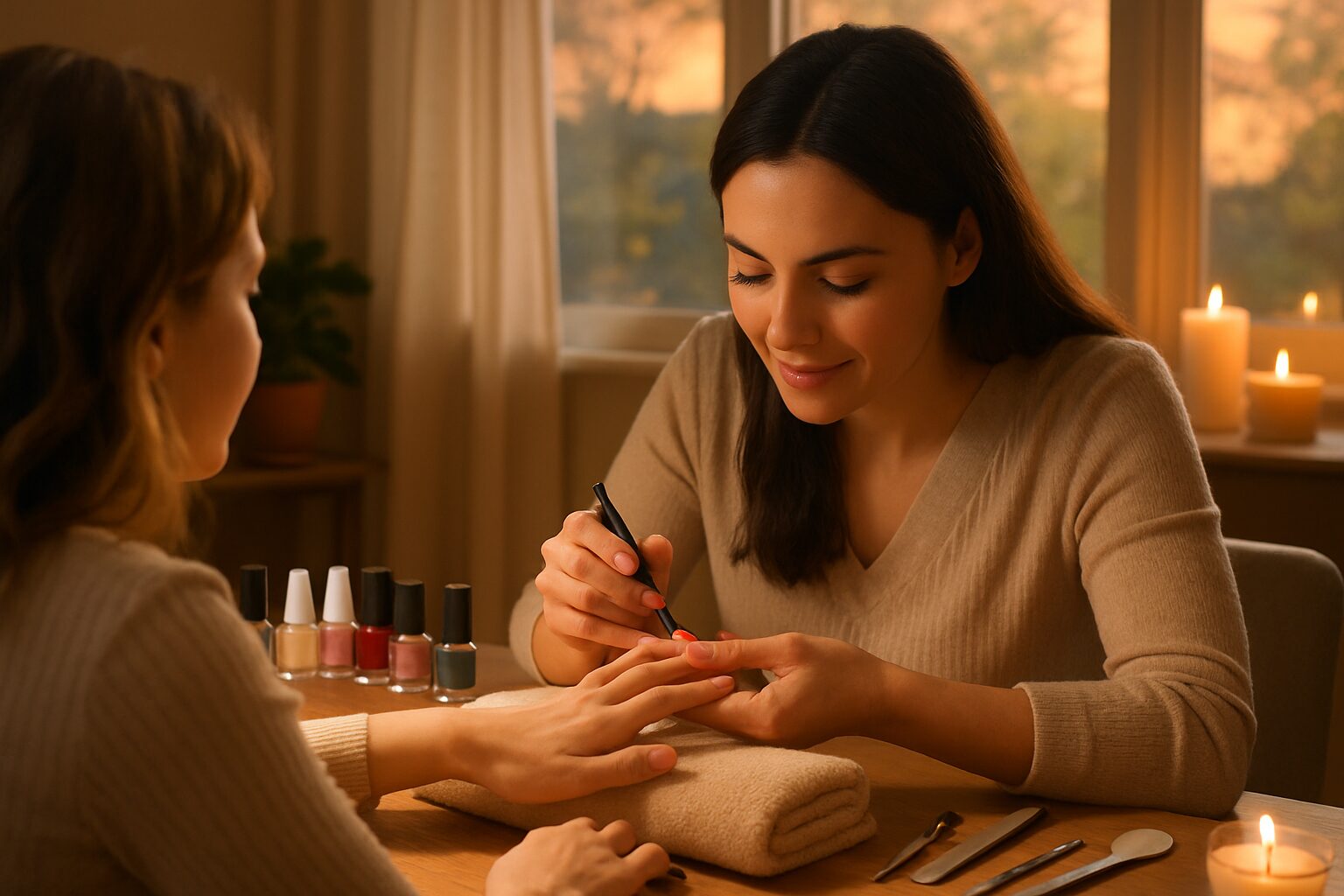 Una imagen vibrante y acogedora muestra un entorno hogareño donde una manicurista profesional está trabajando. La luz suave del atardecer entra por la ventana mientras la manicurista aplica cuidadosamente esmalte a unas uñas bien cuidadas. En la mesa hay una variedad de colores de esmaltes, herramientas de manicura y un ambiente relajante con velas encendidas.