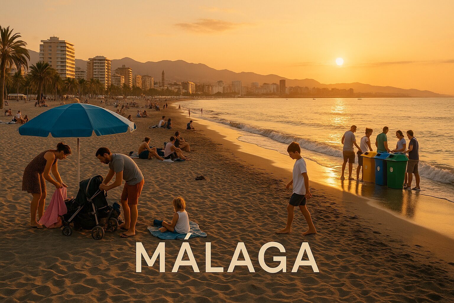 Una vista panorámica de la playa de Málaga al atardecer, con familias disfrutando de un último día de verano. Las olas suaves acarician la orilla mientras algunos turistas recogen sus pertenencias. Al fondo, se observan contenedores de reciclaje bien organizados junto a un grupo de personas que separan su basura, reflejando el compromiso con el medio ambiente.
