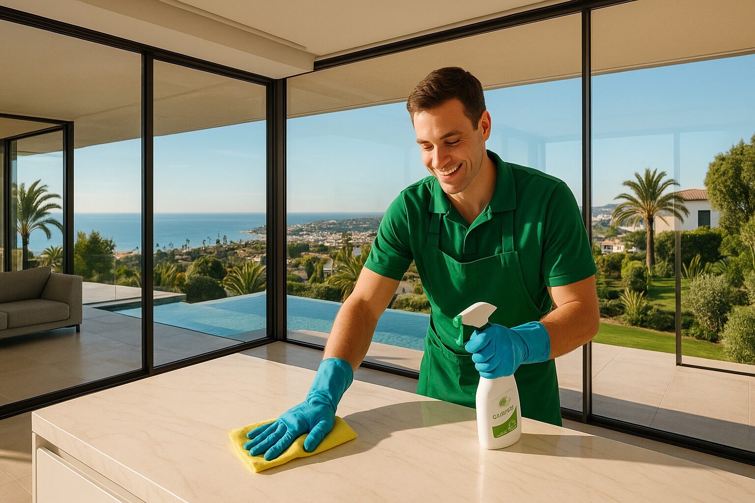 Una imagen vibrante de una casa moderna en Marbella, con grandes ventanales que muestran el hermoso paisaje costero. En el interior, se observa a un profesional de limpieza trabajando meticulosamente, con productos de limpieza ecológicos y una sonrisa en el rostro, mientras los rayos del sol iluminan el espacio limpio y ordenado.