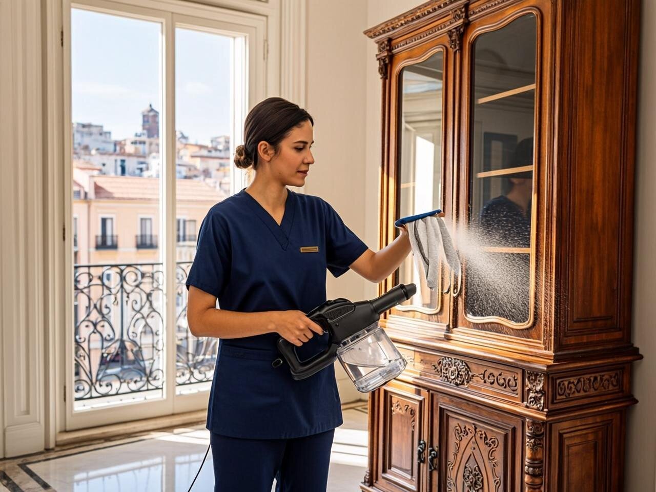 A professional maid in a crisp navy uniform with a subtle company logo carefully cleans a spacious Madrid apartment with classic Spanish architectural features. Sunlight streams through tall windows with wrought-iron balconies, illuminating the gleaming marble floors. The maid is using modern eco-friendly cleaning equipment while paying attention to an ornate antique wooden cabinet. In the background, glimpses of Madrid\'s distinctive cityscape are visible through the windows, with terracotta rooftops and a distant view of a notable landmark. The image conveys professionalism, attention to detail, and the blend of traditional Spanish aesthetics with contemporary cleaning practices that characterises premium maid services in Madrid.