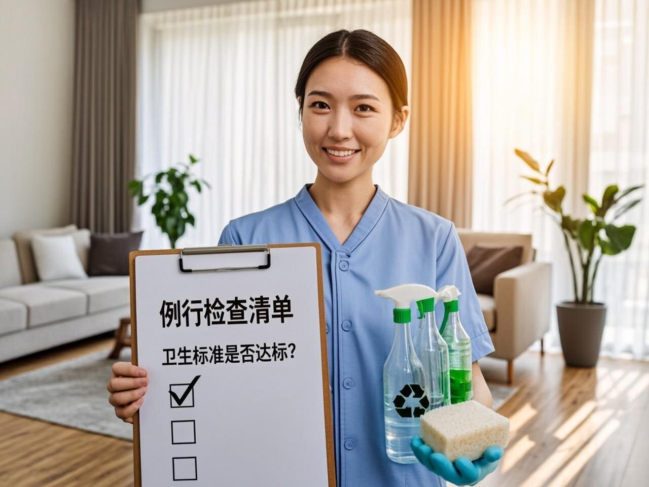Una imagen profesional de una mujer sonriente vestida con un uniforme de limpieza azul claro, de pie en un salón luminoso y ordenado. Sostiene una tabla con clip en una mano y productos de limpieza ecológicos en la otra. En primer plano, se ve una lista de preguntas impresas en la tabla. El fondo muestra un espacio limpio y organizado con muebles modernos, plantas naturales y luz natural entrando por grandes ventanas. La escena transmite profesionalismo, confianza y atención al detalle.