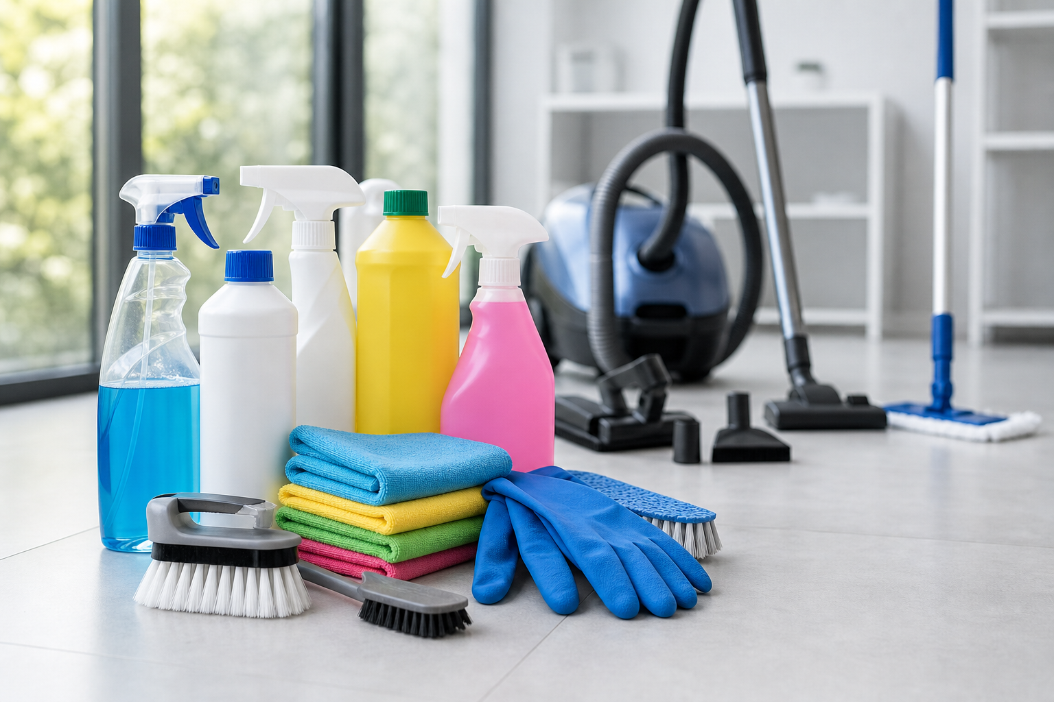 Una imagen nítida y luminosa que muestra un kit completo de limpieza general organizado sobre una superficie impecable. En primer plano, se observan varios productos de limpieza profesionales en sus envases originales: desinfectante, desengrasante, anti-cal y limpiacristales, junto con cepillos de diferentes tamaños, paños de microfibra de colores variados y guantes de goma. Al fondo, ligeramente desenfocado, se aprecia una aspiradora con múltiples accesorios y una fregona profesional. La composición transmite orden, profesionalidad y preparación para una limpieza exhaustiva. La luz natural que ilumina la escena acentúa la sensación de frescura y limpieza.