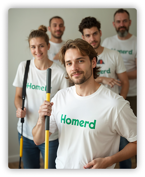 Equipo de profesionales Homerd con camisetas blancas y logo verde