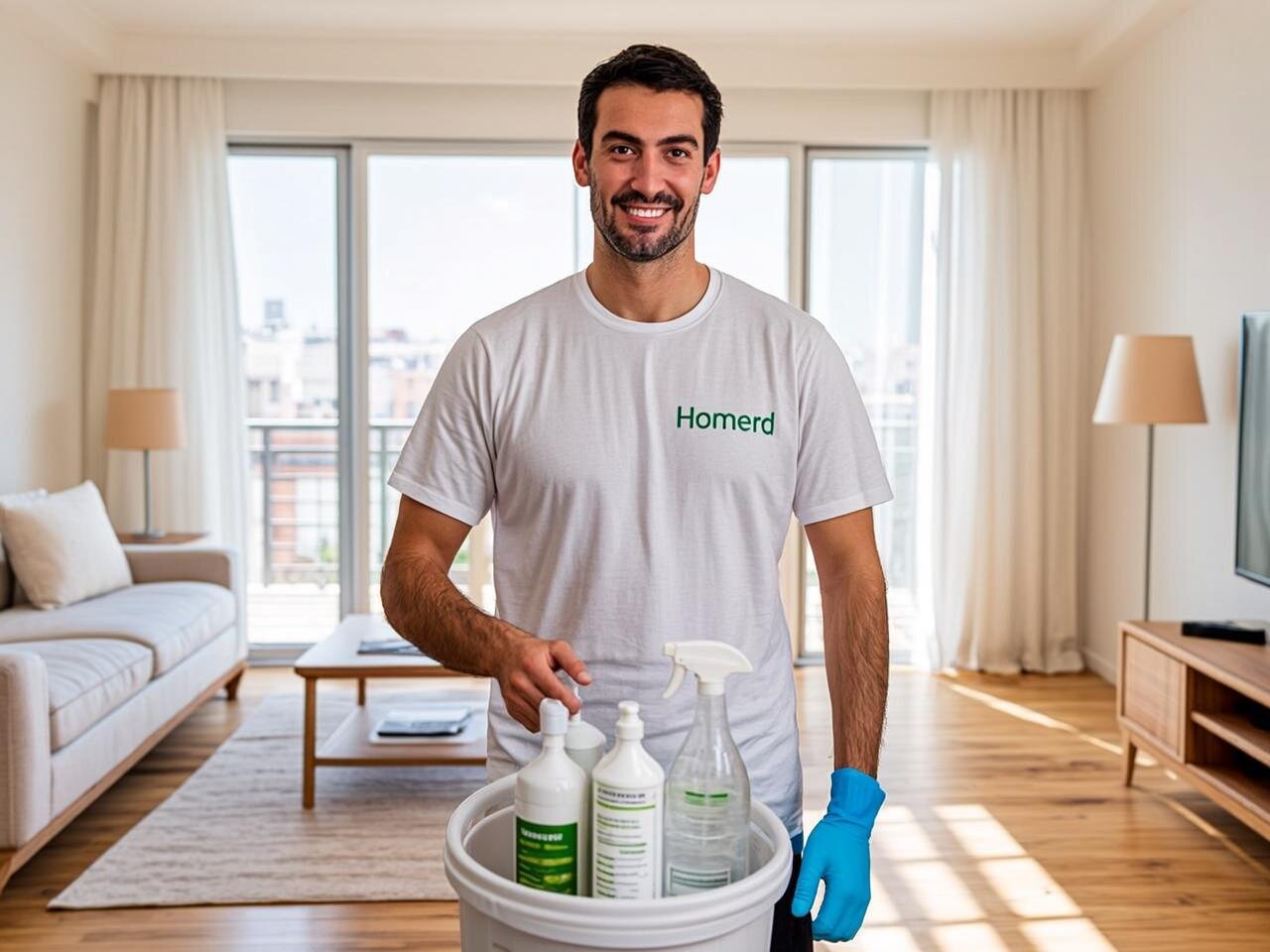 Ultra realistic professional home cleaning scene in Spain. Modern bright apartment with floor-to-ceiling windows allowing abundant natural lighting. Professional cleaner wearing white t-shirts with Homerd green branded logo, using premium cleaning equipment and eco-friendly products. Sparkling clean surfaces, fresh atmosphere, contemporary Spanish interior design with white walls and light wood flooring. Premium lifestyle photography. No text. No watermark. 16:9.