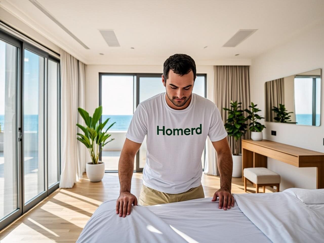 Modern bright apartment interior in Spain with natural daylight streaming through large windows. A professional cleaner wearing a white t-shirt with subtle green Homerd branding is meticulously making a bed with crisp white linens. The space features contemporary Mediterranean design with light wood floors, minimalist furniture, and touches of greenery. Premium lifestyle photography aesthetic with soft shadows and warm tones. The apartment appears freshly cleaned with organized surfaces. 16:9 aspect ratio, ultra-realistic, no text, no watermark.
