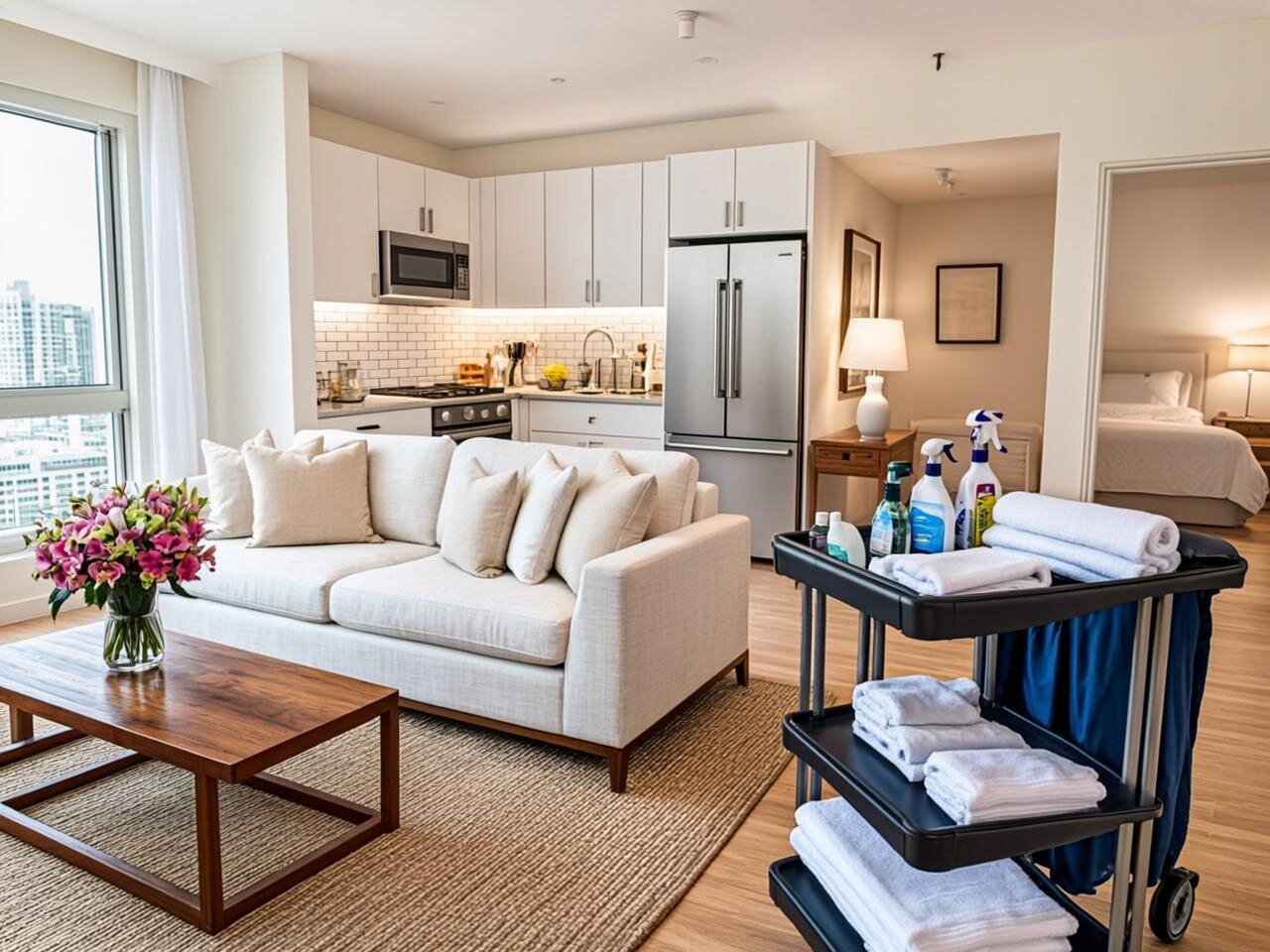 Una fotografía profesional de un apartamento Airbnb recién limpio y preparado para recibir huéspedes. La escena muestra un salón luminoso con sofá blanco impecable, cojines perfectamente colocados, y una mesa de centro con un ramo de flores frescas. Al fondo, se aprecia una cocina reluciente con superficies de mármol brillantes y electrodomésticos de acero inoxidable sin manchas. Sobre la cama visible en la habitación contigua, sábanas blancas perfectamente planchadas con un pliegue hotelero profesional. En primer plano, un carrito de limpieza profesional con productos organizados, toallas dobladas y ropa de cama fresca, simbolizando el servicio de limpieza profesional para propiedades Airbnb.