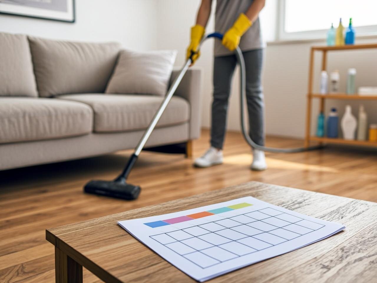 Una imagen realista que muestra un salón luminoso y ordenado de tamaño medio, con suelos de madera clara y muebles minimalistas en tonos neutros. En primer plano, se observa una tabla de planificación semanal sobre una mesa de centro, con casillas de colores representando diferentes tareas de limpieza. Al fondo, una persona con ropa casual y guantes de limpieza sostiene un aspirador, sugiriendo actividad de limpieza en progreso. La luz natural entra por grandes ventanas, creando una atmósfera fresca y acogedora que transmite orden y eficiencia. En una esquina, un pequeño estante muestra productos de limpieza organizados de forma estética, reforzando el tema de la planificación y organización del tiempo de limpieza doméstica.