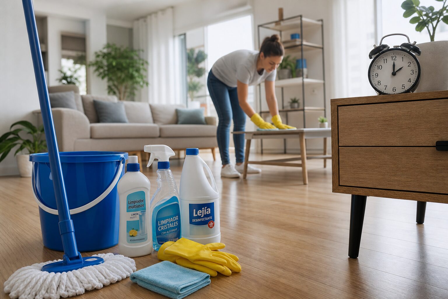 Una imagen realista que muestra un piso moderno de tamaño medio durante el proceso de limpieza. En primer plano, se ven utensilios de limpieza organizados: una fregona, un cubo, productos de limpieza en botellas etiquetadas y guantes de goma. En el fondo, se aprecia un salón luminoso con suelo de madera, donde se distingue una persona con ropa cómoda y guantes limpiando una superficie con un paño. La luz natural entra por las ventanas, creando un ambiente fresco y luminoso. La imagen transmite orden y eficiencia, con un reloj discretamente visible sobre una mesa auxiliar, sugiriendo la importancia del factor tiempo en la limpieza del hogar.