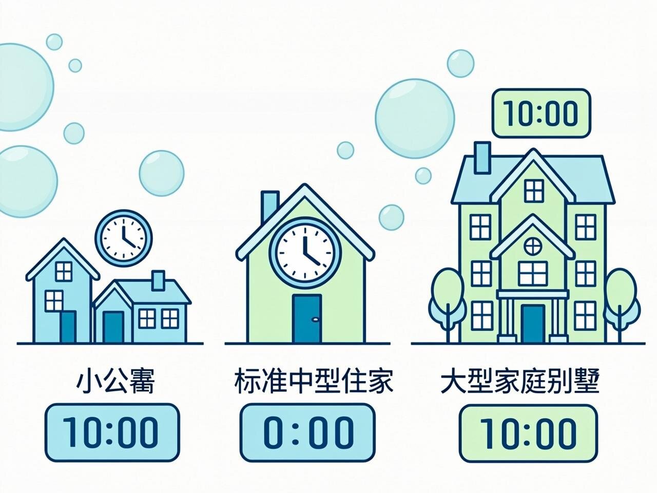 Una infografía limpia y moderna que muestra diferentes tamaños de viviendas representadas como iconos de casas de varios tamaños, desde un pequeño apartamento hasta una gran casa familiar. Junto a cada icono, se muestran las horas recomendadas de limpieza con relojes o cronómetros de diferentes tamaños. Los colores son suaves y profesionales, con tonos azules y verdes que transmiten limpieza y organización. El fondo es blanco con sutiles elementos decorativos que sugieren limpieza, como burbujas o gotas de agua estilizadas.