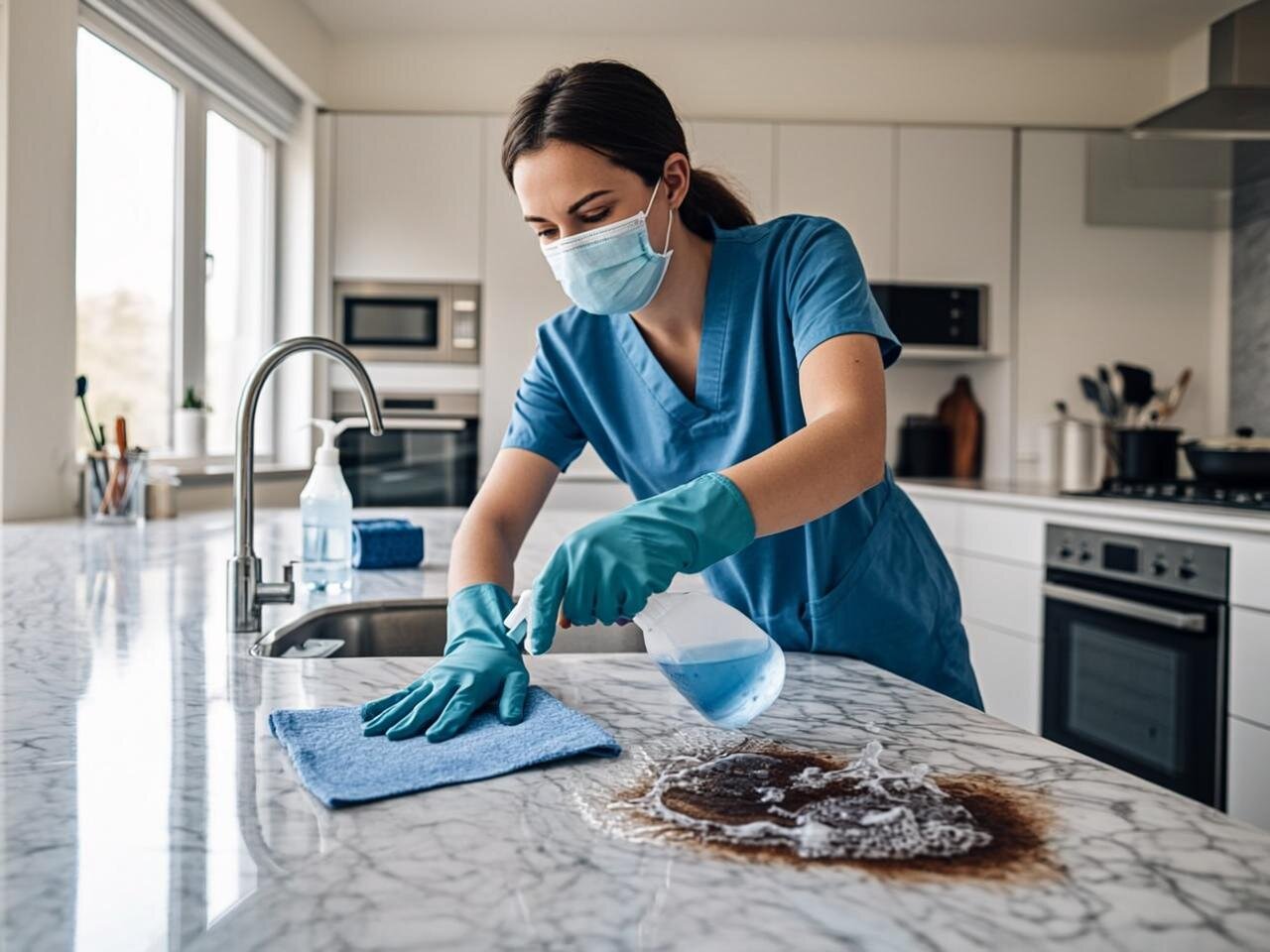 Una profesional de limpieza vestida con uniforme azul completo, guantes de goma y mascarilla, aparece aplicando productos de limpieza en la cocina de una vivienda moderna. Se aprecian utensilios de limpieza profesional como cubos, pulverizadores y trapos de microfibra organizados sobre la encimera. La cocina muestra un contraste entre una zona ya limpia y brillante y otra zona con grasa acumulada que está siendo tratada. La luz natural entra por una ventana, iluminando el espacio y destacando la diferencia entre las superficies limpias y las pendientes de limpieza. En un segundo plano, se distinguen utensilios de cocina y electrodomésticos de acero inoxidable.
