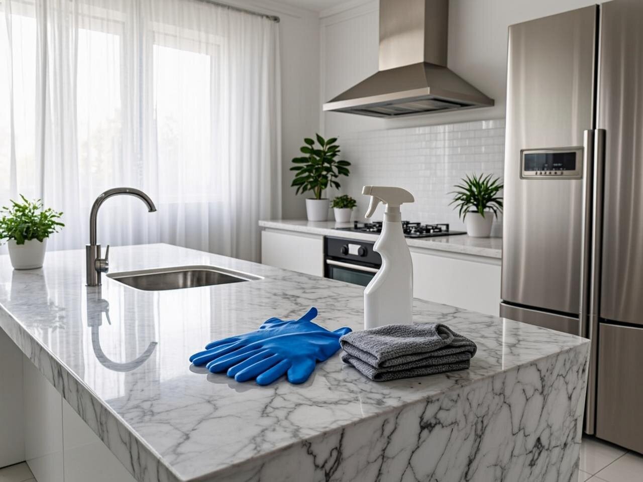 Una cocina moderna y luminosa con superficies de mármol impecablemente limpias, mostrando productos de limpieza organizados sobre la encimera. En primer plano, se ven guantes de goma, espray limpiador, y paños de microfibra perfectamente dispuestos. La cocina cuenta con electrodomésticos de acero inoxidable brillante, una ventana con cortinas blancas que deja entrar luz natural, y plantas pequeñas decorativas que añaden frescura al ambiente. El suelo de cerámica brilla con limpieza, reflejando sutilmente la luz del día.
