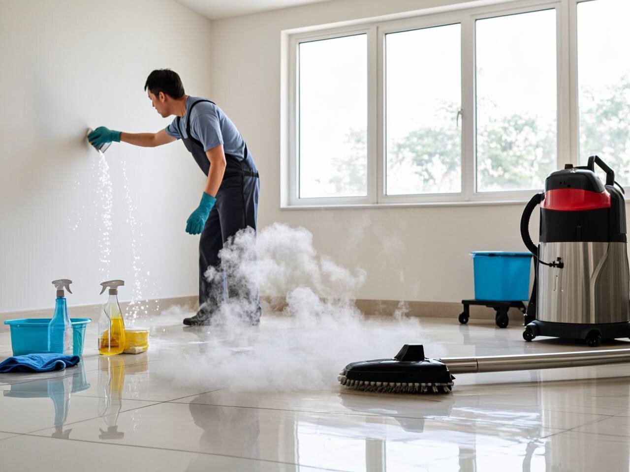 Una habitación luminosa y espaciosa durante una limpieza profunda. En primer plano, se aprecia una vaporadora profesional emitiendo vapor sobre un suelo de cerámica brillante, mientras que en segundo plano una persona con guantes de goma y ropa de limpieza limpia meticulosamente las juntas de los azulejos de una pared blanca con un cepillo de cerdas. A un lado, se observan productos de limpieza organizados: botellas de spray, cubos, trapos de microfibra y una aspiradora con filtro HEPA. La luz natural entra por una ventana grande, destacando las partículas de polvo en suspensión que están siendo eliminadas, transmitiendo una sensación de frescura, orden y renovación.