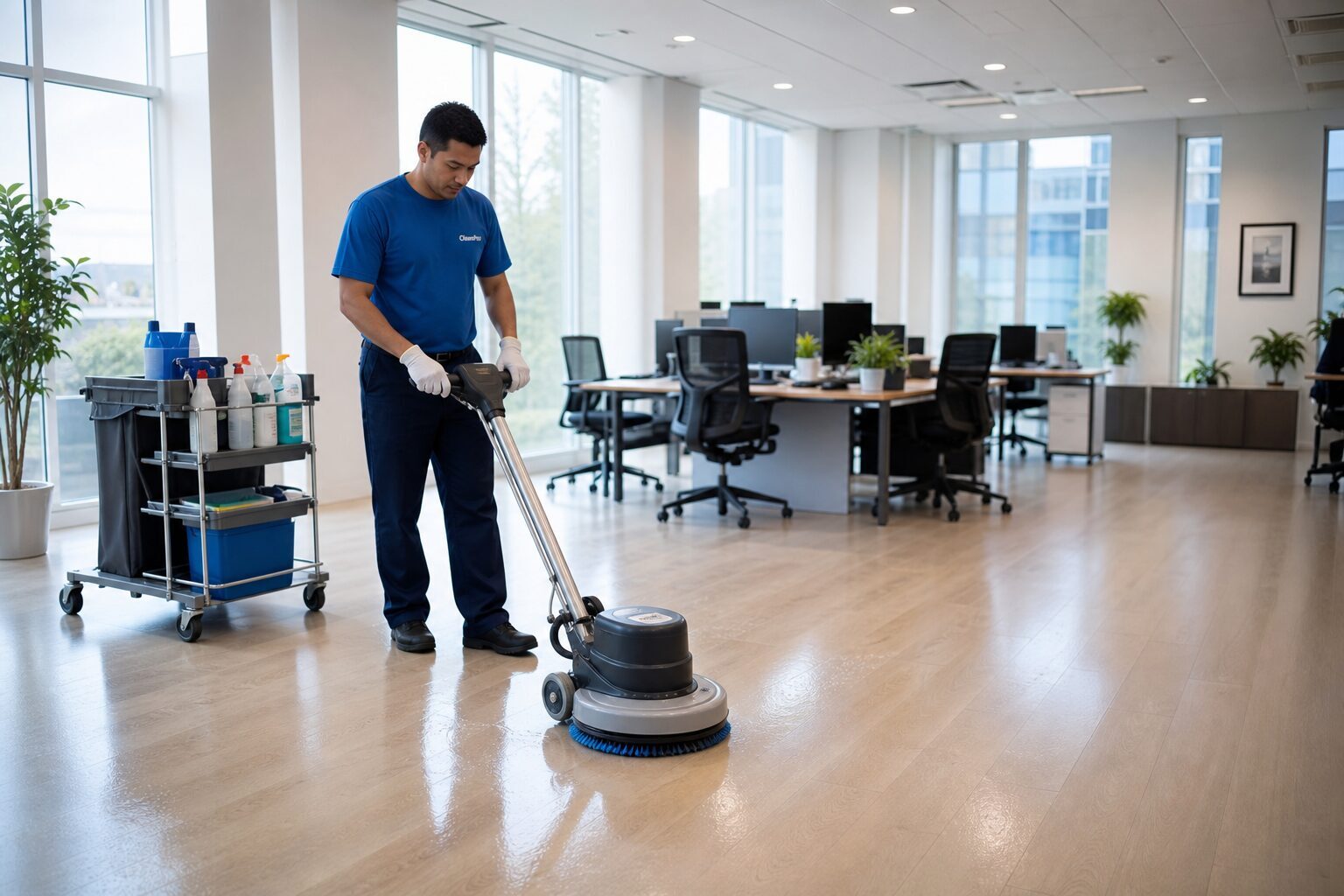 Una amplia oficina corporativa moderna con suelo de madera clara y grandes ventanales que dejan entrar luz natural. En primer plano, un profesional de limpieza uniformado con camiseta azul y guantes blancos utiliza una fregadora profesional para limpiar el suelo, dejando un brillo impecable a su paso. En segundo plano, se aprecian escritorios ordenados, sillas ergonómicas y plantas decorativas. El ambiente transmite orden, profesionalismo e higiene, con productos de limpieza organizados en un carrito metálico a un lado.