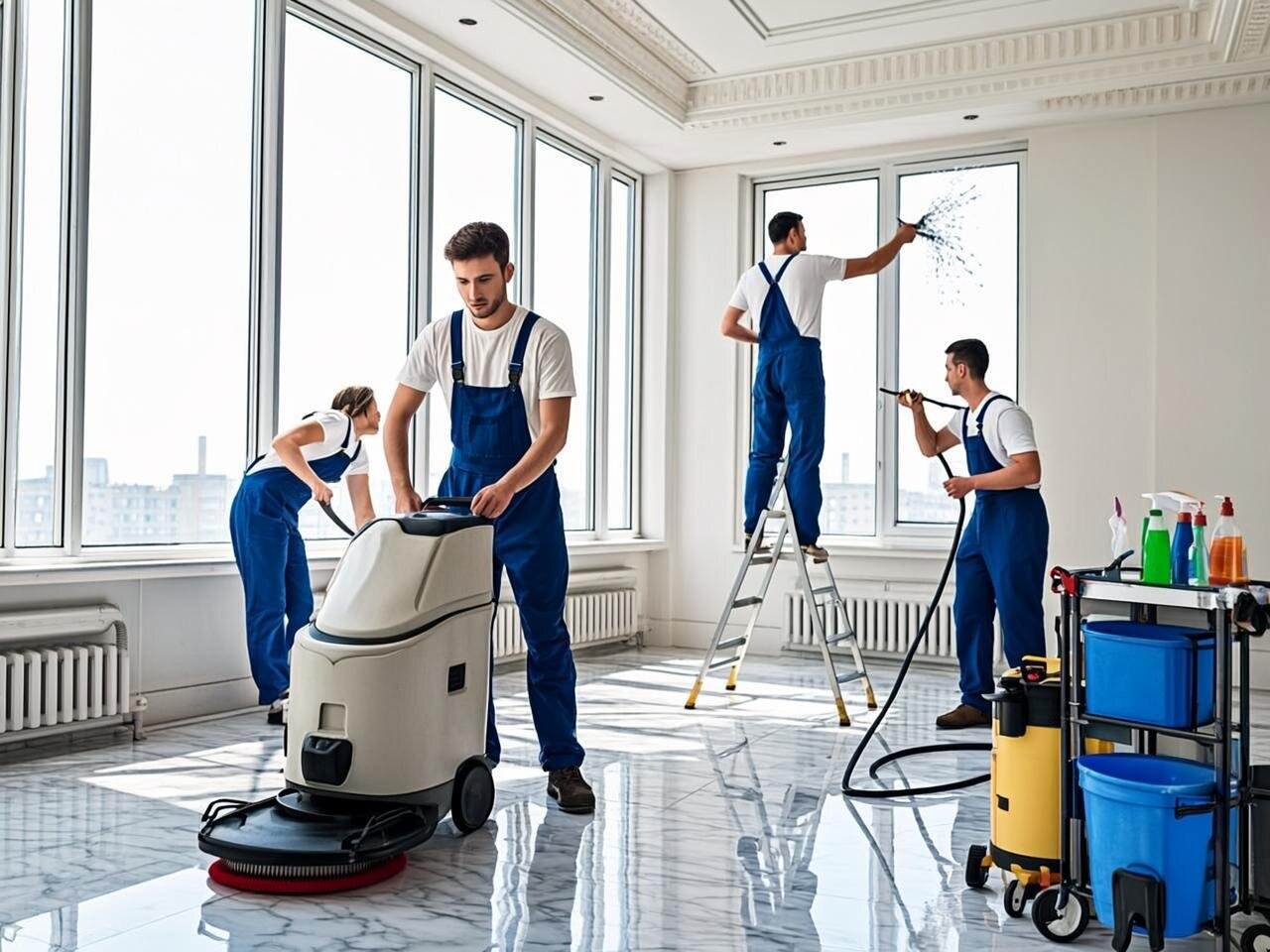 Equipo de profesionales uniformados con equipos de protección realizando una limpieza fin de obra en un interior recién reformado. Se aprecian aspiradores industriales, máquinas rotativas para suelos y productos de limpieza especializados. El espacio muestra ventanas grandes sin cortinas, suelos de porcelanato brillante recién limpiados, y paredes blancas impecables. Los operarios trabajan de forma coordinada en diferentes áreas: uno limpia los cristales con una mopa profesional, otro trata el suelo con una máquina rotativa, y un tercero se encuentra en una escalera limpiando molduras del techo. La luz natural entra abundantemente por las ventanas, destacando la diferencia entre las zonas ya limpiadas y las pendientes de limpieza.