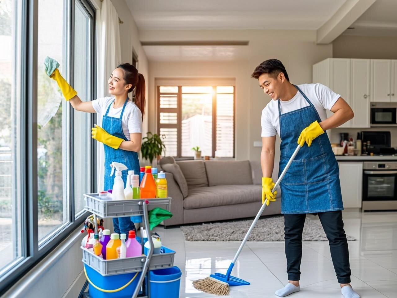 Un equipo de dos limpiadores profesionales uniformados con delantales azules y guantes de goma realizan una limpieza profunda en un apartamento recién desalojado. La escena muestra un salón luminoso con paredes blancas y suelo de cerámica, donde una persona limpia las ventanas con una bayeta de microfibra mientras la otra utiliza una fregona profesional para dejar el suelo impecable. En primer plano, se aprecia un carrito de limpieza con productos organizados, pulverizadores y cepillos. La luz natural entra a raudales por las ventanas sin cortinas, destacando la sensación de un espacio renovado y fresco. Al fondo, se vislumbra la cocina con electrodomésticos de acero inoxidable brillantes tras la limpieza.