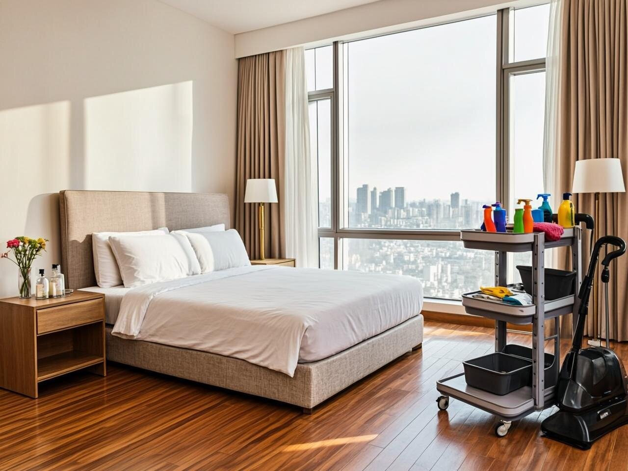 Una habitación de apartamento turístico impecablemente limpia y luminosa, con luz natural entrando por grandes ventanales. Se aprecia una cama perfectamente hecha con sábanas blancas crujientes y almohadas perfectamente colocadas. En primer plano, una mesa de noche con un pequeño jarrón con flores frescas y amenities organizados. El suelo de madera brillante refleja la luz, y en un rincón se distingue un carrito de limpieza profesional con productos organizados, microfibra de colores y una aspiradora. La escena transmite orden, frescura y profesionalidad, con tonos blancos y beige predominantes que evocan un ambiente hotelero de alta calidad.