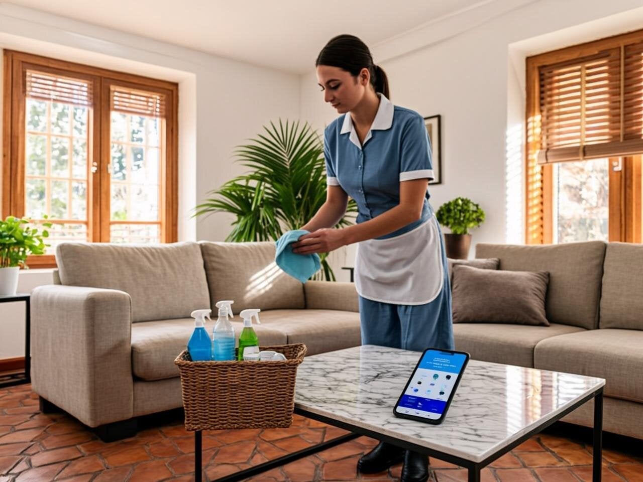 A bright, modern Spanish apartment interior with terracotta floor tiles and white walls, featuring a professional maid in a clean blue uniform wearing an apron, methodically cleaning a spacious living room with Mediterranean sunlight streaming through wooden shuttered windows. The maid is using eco-friendly cleaning products and microfibre cloths, with a wicker basket of supplies nearby. Potted plants and traditional Spanish decorative elements adorn the space, whilst a smartphone rests on a marble coffee table showing a cleaning service booking app. The scene conveys professionalism, trust, and the blend of traditional Spanish architecture with contemporary domestic service.
