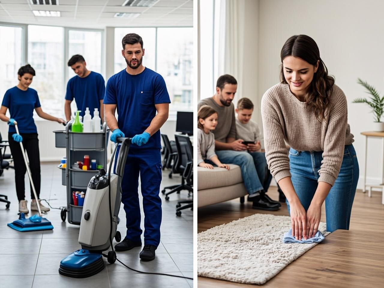 Imagen dividida en dos mitades que muestra la comparación visual entre una empresa de limpieza profesional y una limpiadora particular. En el lado izquierdo, se aprecia un equipo de tres personas uniformadas con camisetas azul marino con el logo de una empresa, trabajando en una oficina moderna con equipos profesionales: una fregona industrial, productos de limpieza organizados en un carrito, y guantes de protección. En el lado derecho, una mujer con ropa casual pero práctica, limpiando un hogar acogedor con productos básicos, estableciendo una conexión visual con una familia en segundo plano. La iluminación es brillante y profesional, destacando la limpieza y el orden en ambos escenarios.