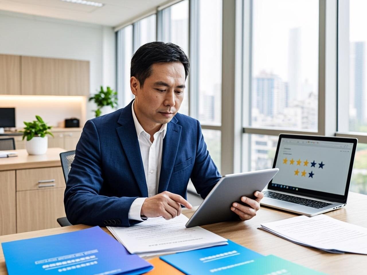 Una imagen profesional de una sala de reuniones moderna donde un gerente revisa documentos y tabletas con propuestas de diferentes empresas de limpieza sobre la mesa. En primer plano, se ven carpetas con logotipos de empresas de limpieza, checklist impresos y una computadora portátil mostrando reseñas en línea. El fondo muestra un espacio de oficina impecablemente limpio con luz natural, simbolizando el resultado deseado de contratar el servicio adecuado. La composición transmite profesionalidad, análisis cuidadoso y toma de decisiones informada.