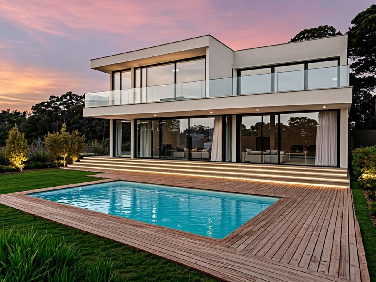 Fotografía de un chalet moderno de dos plantas con arquitectura contemporánea, situado en una parcela ajardinada. La vivienda presenta fachada blanca con grandes ventanales de suelo a techo que integran el interior con el exterior. Se aprecia una piscina rectangular de agua azul turquesa en primer plano, rodeada de una terraza de madera. El jardín incluye césped verde bien cuidado, algunos árboles ornamentales y arbustos. La iluminación exterior crea un ambiente cálido al atardecer, con luces integradas en el suelo que iluminan la fachada. El cielo muestra tonos anaranjados y rosados del crepúsculo, aportando una atmósfera serena y acogedora a la escena.