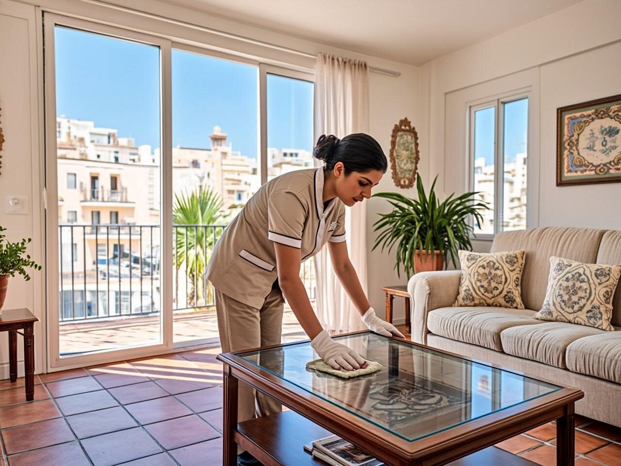 A bright, sunlit Mediterranean-style living room in a Valencia apartment with terracotta floor tiles and white walls. A professional maid in a clean uniform is methodically cleaning a glass coffee table with a microfibre cloth, whilst a vacuum cleaner sits nearby. Through large windows, Valencia\'s distinctive architecture and palm trees are visible under a clear blue sky. The space appears well-maintained with Spanish ceramic decorations and natural light streaming across freshly cleaned surfaces.